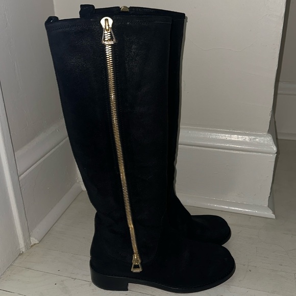 jimmy choo doreen rigged black suede boots. gold zip details. size 38